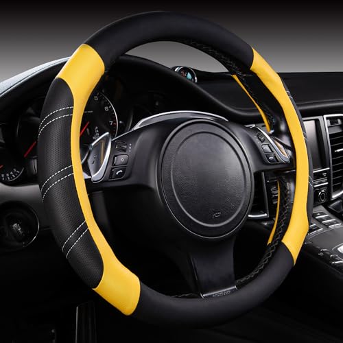 CAR PASS Line Rider Microfiber Leather Sporty Steering Wheel Cover Universal Fits for 95% Truck,SUV,Cars,14.5-15inch Anti-Slip Safety Comfortable Desgin (Black-Yellow) - color: Black＆Yellow, size: Standard[14.5"-15"]