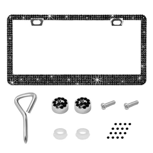 Ziciner Bling License Plate Frame, Sparkly License Plate Tag Cover with Multifaceted Rhinestones, Stainless Steel Crystal License Plate Holder (Black) - color: Black, 1PCS