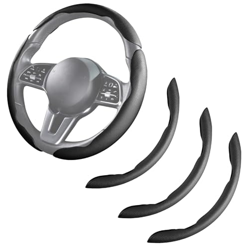 Car Steering Wheel Cover Leather Snap On 3Pcs Set Non-Slip Protector Wrap Steering Wheel Accessories 14.5-15 inch Universal Black - color: Black A