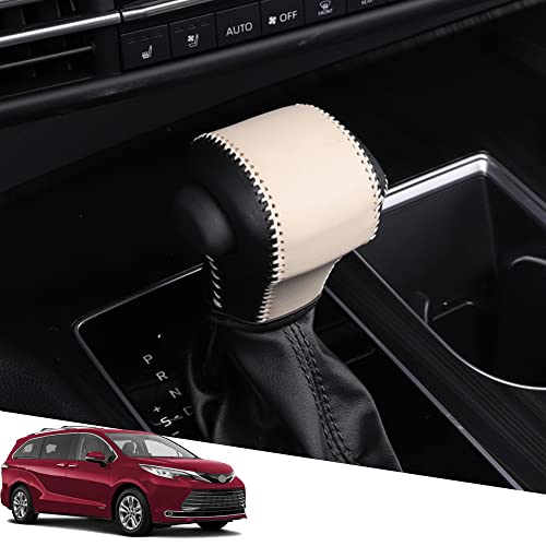 Great-luck Genuine Leather Automatic at Gear Shift Knob Cover Protector Trim,The car Custom Interior Accessories(Beige + Black) for Toyota Sienna(2021 2022 2023 2024 2025) - color: Beige+Black, size: Sienna(2021-2025)