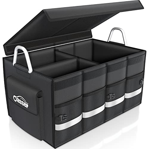 Oasser Trunk Organizer Cargo Organizer Trunk Storage Waterproof Collapsible Durable Multi Compartments with Foldable Hard Cover Aluminium Alloy Handle Reflective Strip (Large, Black) - color: Black, size: Large