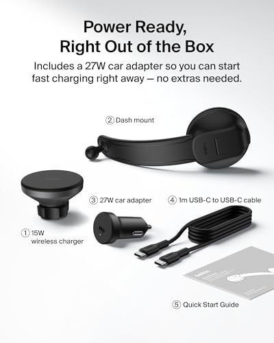 Belkin Wireless Car Charger, MagSafe Phone Holder & Car Dash Mount w/ 1M USB C Cable, Qi2 MagSafe Compatible Fast Charging iPhone Charger for iPhone 17, Galaxy S26, Pixel 10, Road Travelers, Black - style: Dash Mount