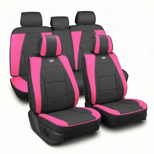 FH Group Ultra Comfort Highest Grade Faux Leather Full Set Cushion Pads Car Seat Covers for Front and Rear– Universal Fit for Cars Trucks & SUVs Pink/Black - color: Pink, style: Full Set