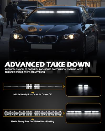 HLauto 604N Emergency Dash Strobe Lights: 2x16.8 inch White Security Light w/Take Down, 48 LED Safety Flashing Warning Hazard Interior Windshield Visor Light Bar for Trucks Vehicles - color: #13 White