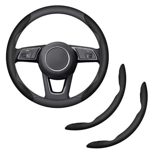 2-Piece Steering Wheel Cover, Carbon Fiber Segmented Steering Wheel Protector, Universal and Anti-Slip Durable Car Leather Protective Cover, Car Interior Accessories for Women and Men (Black) - color: Black