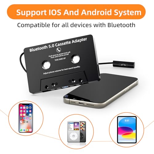 Car Audio Bluetooth 5.0 Cassette Receiver,Cassette Bluetooth Adapter for Car Tape Player, Hands-Free Calling, Stereo Two-Channel, Compatibility with Smartphones, Tablets, MP3, Black