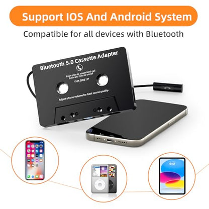 Car Audio Bluetooth 5.0 Cassette Receiver,Cassette Bluetooth Adapter for Car Tape Player, Hands-Free Calling, Stereo Two-Channel, Compatibility with Smartphones, Tablets, MP3, Black