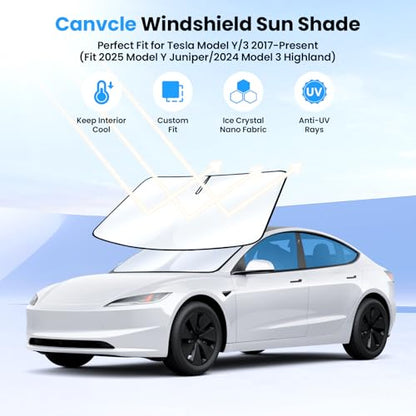 Canvcle Windshield Sun Shade for 2017-2025 2026 Tesla Model Y/3 Accessories (Fit 2025 Model Y Juniper/2024 Model 3 Highland) Double-Layer Front Window Sunshade Sun Visor Block UV Rays Keep Car Cool - size: 1PCS Tesla Model Y/3 2017-Present