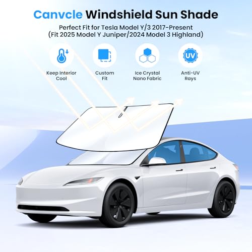 Canvcle Windshield Sun Shade for 2017-2025 2026 Tesla Model Y/3 Accessories (Fit 2025 Model Y Juniper/2024 Model 3 Highland) Double-Layer Front Window Sunshade Sun Visor Block UV Rays Keep Car Cool - size: 1PCS Tesla Model Y/3 2017-Present