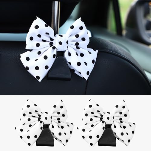 2PCS Car Seat Hooks, Cute Bow Car Seat Headrest Hooks for Purses, Bags, Umbrella, Universal Automotive Interior Decoration Accessoriesl for Vehicle, SUV, Sedan, Truck (White Spot) - color: White Spot