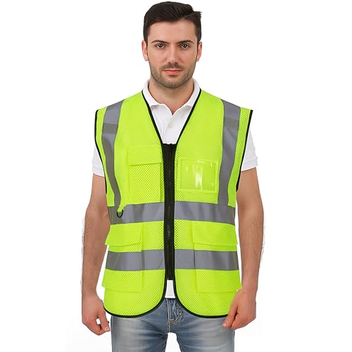 6 Pockets Class 2 Safety Vest for Men Women High Visibility Reflective Construction Vests, Meets ANSI Standard - size: Medium
