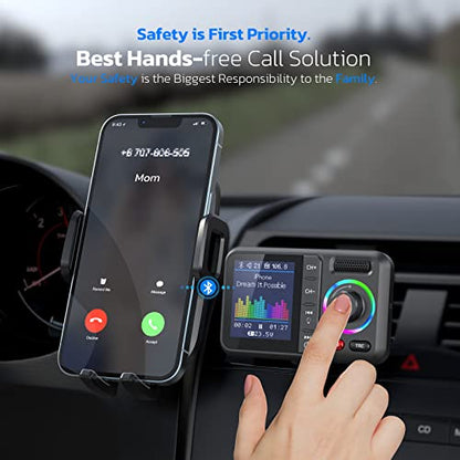Nulaxy Bluetooth FM Transmitter for Car, Wireless Car Bluetooth V5.0 Adapter with Big Color Screen, Support QC3.0 Fast Charging, Hands-Free Call, MP3 Music Player BASS&TRE Booster, TF Card AUX-KM28 - color: Black