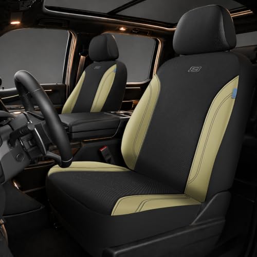 Skechers Car Seat Covers, Work Leather Seat Covers 5-Times Stronger Built-in Webbing, Oxford Fabric Front Seat Cover, Airbag Compatible, Automotive Comfort for Cars, Trucks, SUVs,Beige - color: Black&Beige, size: Two Front