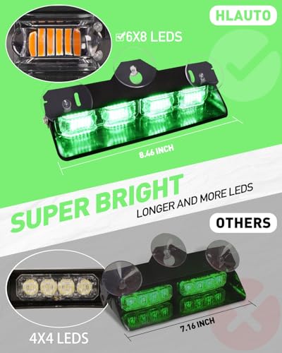 HLauto 2002L Emergency Dash Strobe Lights: Green Safety Lights, Flashing Warning Hazard Windshield Visor Traffic Light Bars for Trucks, Construction Vehicles (2x8.5 inch, 48LED) - color: Green