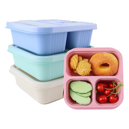 Finorder 4 Pack Wheat Straw Containers, Pastel Multi-color 3 Compartment Reusable Snack Bento Box Toddler, Square Meal Prep Food Containers for Kids, Adults, Office and Travel - color: 4 Pack Wheat Straw Containers