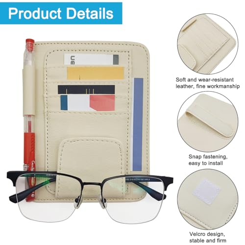 SENHAI Car Sun Visor Organizer for Car, 2 Pcs Small Leather Car Card Sleeve Pocket Organizer, Car Visor Organizer Storage Pouch for Hold Card, Sunglass Holder, Pen (Beige & Black)