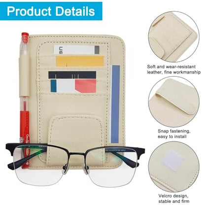 SENHAI Car Sun Visor Organizer for Car, 2 Pcs Small Leather Car Card Sleeve Pocket Organizer, Car Visor Organizer Storage Pouch for Hold Card, Sunglass Holder, Pen (Beige & Black)