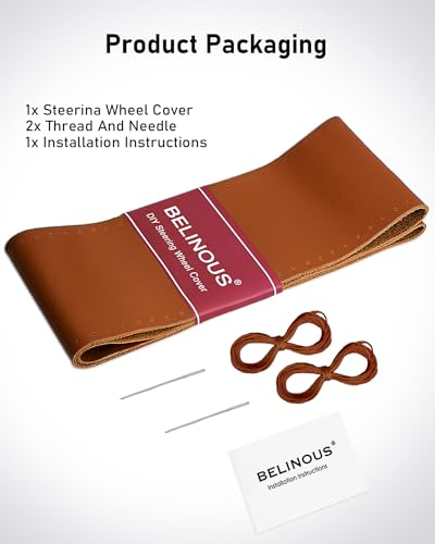 Belinous Leather Steering Wheel Cover Lace Up, Stitch on Steering Wheel Wrap, Universal Fit 13-20 Inch Car Truck Pickup Boat, A Whole Piece of Cowhide, DIY w/Needle Thread (Size L0, Brown) - color: Brown, size: L0