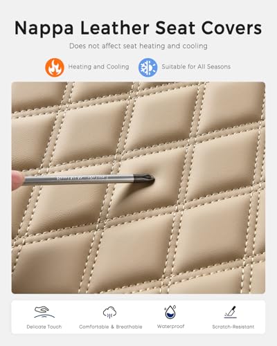 Huidasource Beige Seat Covers, Nappa Leather Car Seat Covers, Velcro Adjustable, Compatible with Airbags, Armrests, Child Seat, Universal Fit for Most Cars, Vans, Trucks, SUVs (Full Set/Beige) - color: 01FS# Beige01, size: 5pcs Full Set