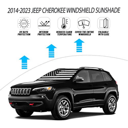 D-Lumina Windshield Sun Shade for 2014-2023 Jee'p Cherokee Accessories (Not for Grand Cherokee), Front Window Sunshade American Flag Sun Visor Protector Block UV Rays, Foldable 2 Layers 210T Material - size: Silver & Black-Fit 2014-2023 Jeep Cherokee