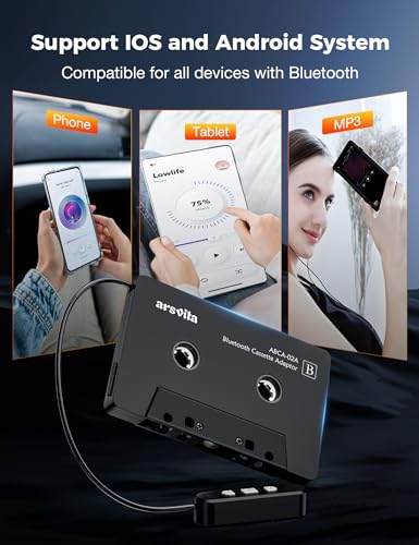arsvita 5.1 Bluetooth Cassette Adapter, Car Audio Bluetooth Cassette Receiver, Cassette Bluetooth Adapter for Car Support Micro SD Card, Hands-Free Call, Black, Type BCA02