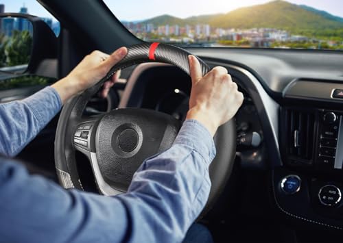 KAFEEK Classic Carbon Fiber Steering Wheel Cover, Universal 15 inch, Breathable Microfiber Leather, Gray - color: Gray, size: Standard Size[14.5"-15"]