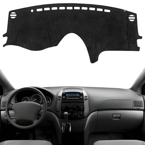 KEYOOG Dashboard Cover Dash Mat Fit for to-yota Sienna 2010-2004 (Without HUD Models),Car Dash Board Mat Anti-Glare Carpet,Non-Slip Pad Sunshield Protector (Flannel) - color: Black Embossed, size: Fit 04-10 Sienna - (Black)