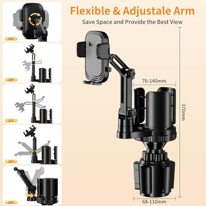 Phone Holders for Your Car, 2 in 1 Cup Holder Phone Mount with Expander, Secure Hold, Adjustable Base and Long Arm with 360°Rotation Car Phone Holder for 4-7‘’ devices and Up to 5.31'' Most Bottles