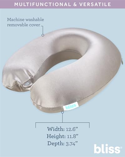 Bliss Neck Pillow Set - Lightweight U-Shaped Memory Foam Satin Travel Neck Pillow with Snap Closure and Matching Eye Mask for Airplane, Car, Office, and Camping, Silver - color: Silver