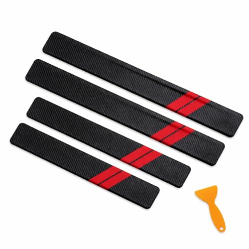 Car Door Sill Protector 4PCS Universal Door Entry Guard, Carbon Fiber Leather Anti-Scratch Threshold Stickers with Scraper, Waterproof & Wear Resistant for Most Cars (Red) (Red) - color: Red