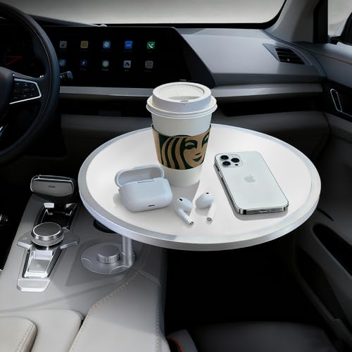 Car Tray Table & Car Desk for Laptop with 2 Risers and Anti-Slip Pad, 360° Rotating Cup Holder for Working and Eating Compatible with Tesla Model 3/Y/S, Ford F150/Explorer/Maverick & Most Vehicles/EV - color: Tesla White