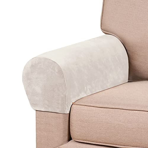 PrinceDeco 4 Pack Thick Velvet Stretch Armrest Covers for Chairs and Sofas - Non Slip, Ivory - color: Ivory