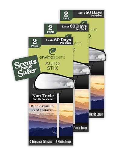 Enviroscent Non-Toxic* Car Air Freshener Auto Stix® - Fragrance Lasts Up to 180 Days - Includes Auto Stix® Diffusers & Elastic Loops - Mother’s Day Gift for Mom - Black Vanilla & Mandarin (Pack of 3) - size: 3 Count (Pack of 2)
