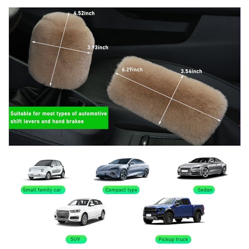 Ziciner 2PCS Plush Car Gear Shift Knob Cover & Handbrake Cover, Comfortable Anti-Slip Auto Shift Knob Protector, Fluffy Warm Hand Brake Handle Cover, Car Accessories (Light Brown) - color: Light Brown