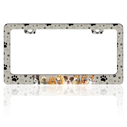 Dog License Plate Frame Pet Paw Prints Stainless Steel License Plate Holder for Front or Rear Car Tags Funny for Car Decoration Accessories with Screws 6.3 X 12.2 in for Women Men - color: Dog