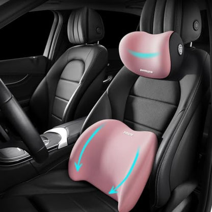 Car Lumbar Support Pillow and Car Neck Pillow Kit, Ergonomic Car Seat Headrest & Lumbar Cushion with Adjustable Strap for Neck Back Pain Relief, for Office Chair/Truck/Wheelchair (Pink) - color: Pink