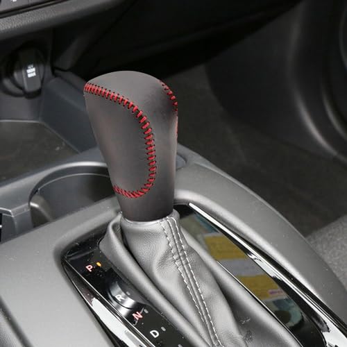 Compatible with DIY Genuine Black Leather Gear Shift Knob Cover Interior Accessories Protective Decoration for Honda HR-V 2023 2024 2025 Red Stitches - color: 2023-2024