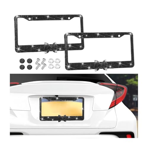Bling Car License Plate Frame for Women, 2PCS Crystal Rhinestone Stainless Steel Vehicle Plate Holder, Glitter Diamond Sparkly Auto Plate Cover Accessories, Universal Fit (Black/Black Bow) - color: Black/Black Bow