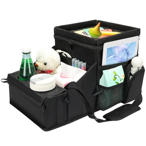 COOLBEBE Car Seat Organizer, Backseat Car Organizer with Cup Holders for Kids and Adults Travel, Cooler Compartment Passenger Seat Organizer Storage Box for Front or Middle Seat, Black - color: Black