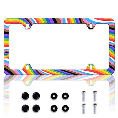 Gay License Plate Frame Rainbow LGBT License Plate Frames Personalise Stainless Steel Funny Design Compatible with Standard License Plate Holder for USA and Canada 6 X 12 with Screws - color: Gay Rainbow