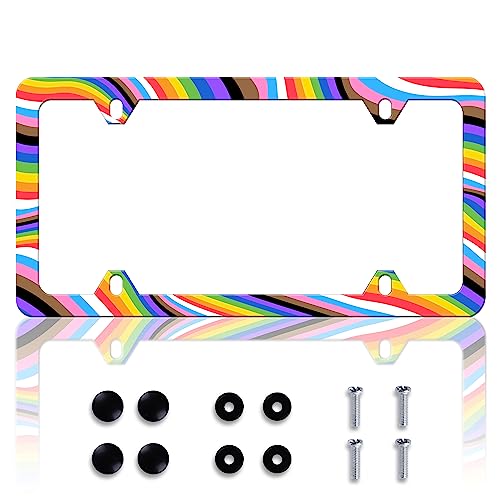 Gay License Plate Frame Rainbow LGBT License Plate Frames Personalise Stainless Steel Funny Design Compatible with Standard License Plate Holder for USA and Canada 6 X 12 with Screws - color: Gay Rainbow