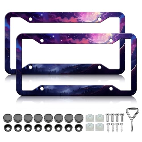 HCSS Moon Forest Mountain License Plate Frames - 2 Pack Purple Sky License Plate Holder, Stainless Steel Rust-Proof Waterproof Car Decorative Tag Frame for Standard US 12x6 Inch - color: Moon Forest Mountain
