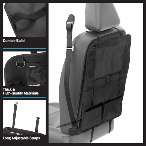 Stalwart Car Seat Organizer 2-Pack - Car Organization Attachments for Backseat with 9 Pockets and Tablet Holder - Road Trip Essentials (Black)