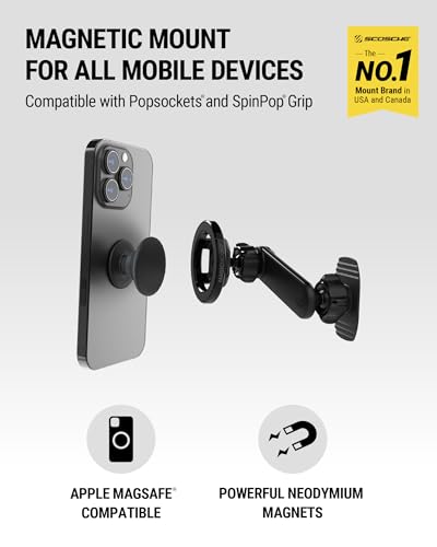Scosche 5-in-1 MagSafe Car Mount Compatible with Popsocket, Magnetic Vent, Back-of-Display and Dashboard Cell Phone Holder, Tesla Phone Mount Compatible with iPhone 17/16/15/14/13/12, Samsung S25 - size: 1 Pack, style: Dash / Vent / Back of Display