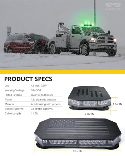 LUMENIX Rooftop Strobe Beacon Lights White Green LED Emergency Flashing Warning Caution Traffic Light Bar for Law Enforcement POV Vehicles Snowplow Trucks - American Flag Pattern | Patented Design - color: White Green