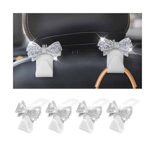 Zpana Bling Car Headreat Hook, 2PCS Crystal Rhinestone Cute Bow Vehicle Seat Back Hanger Storage for Purses Bags Grocery, Diamond Auto Rear Seat Organizer, Universal for SUV Truck Sedan (Pink) - style: White/4PCS