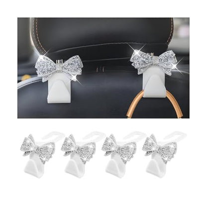 Zpana Bling Car Headreat Hook, 2PCS Crystal Rhinestone Cute Bow Vehicle Seat Back Hanger Storage for Purses Bags Grocery, Diamond Auto Rear Seat Organizer, Universal for SUV Truck Sedan (Pink) - style: White/4PCS
