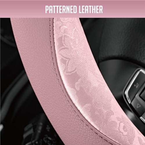 PIC AUTO Steering Wheel Cover, Pink Patterned Leather Patchwork Design, Universal Fit 14.5"–15.5" D-Shape Steering Cover, Soft PU Grain Leather, Durable Grip Car Accessory for Girls & Women - color: Fits D-Shape Pink
