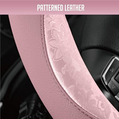 PIC AUTO Steering Wheel Cover, Pink Patterned Leather Patchwork Design, Universal Fit 14.5"–15.5" D-Shape Steering Cover, Soft PU Grain Leather, Durable Grip Car Accessory for Girls & Women - color: Fits D-Shape Pink