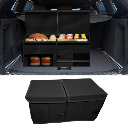 Car Trunk Organizer, Collapsible Multi Compartment Cargo Storage Box with Lid & Reinforced Handles, Adjustable Waterproof Vehicle Storage Organizer Accessories for Car SUV Truck (Black) - color: Black